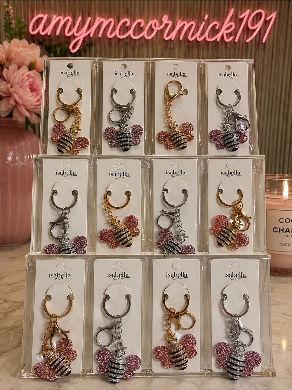 12 Gold & Silver Bee Keychains/ bag charms with Pink Glitter Wings-Bulk bundle - Picture 4 of 7